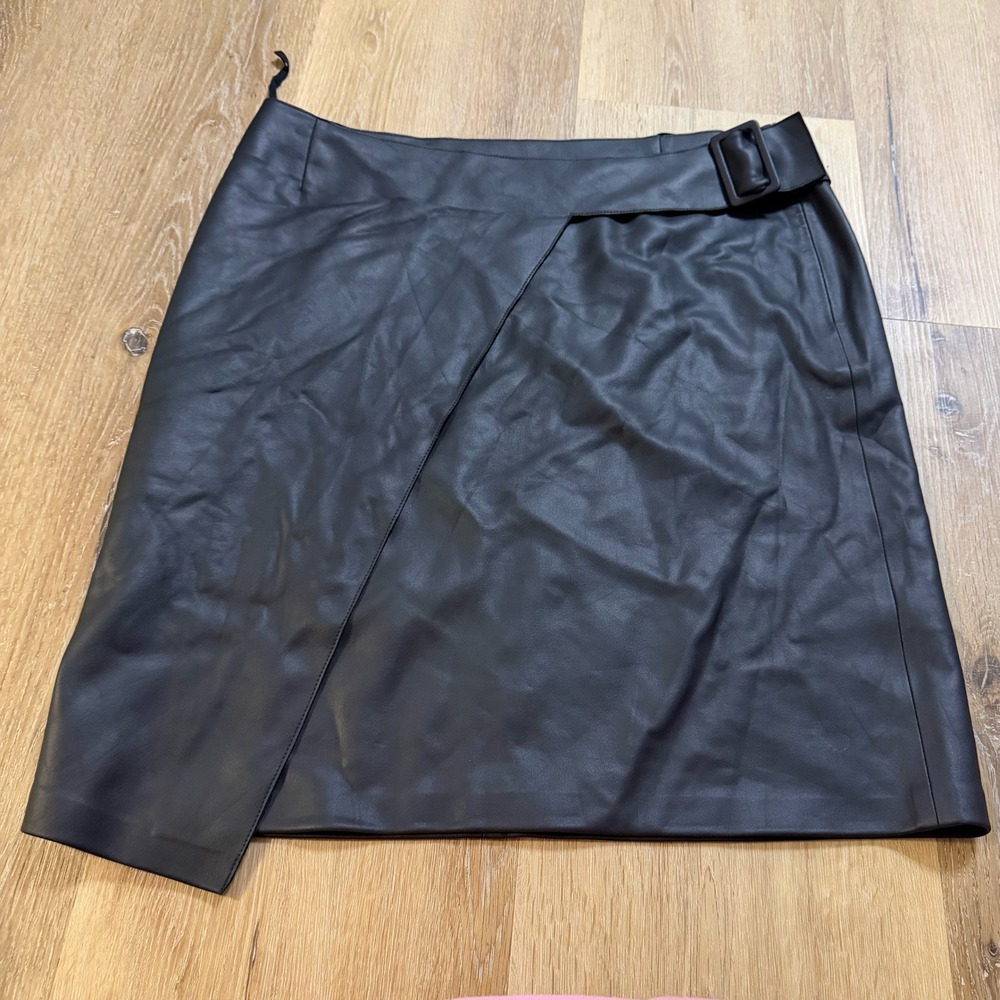 Marcella NYC Black Faux Leather Buckle Detail Asymmetrical Wrap Mini Skirt Large